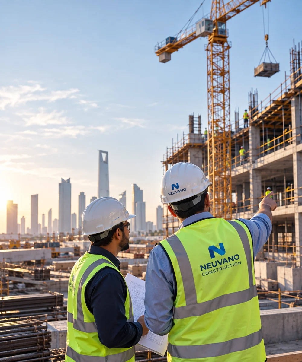 Construction professionals reviewing project drawings on site