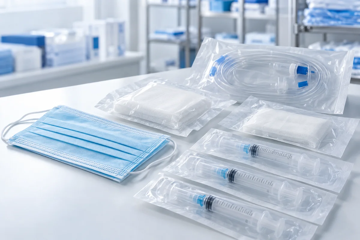 Medical consumables displayed on a clean work surface